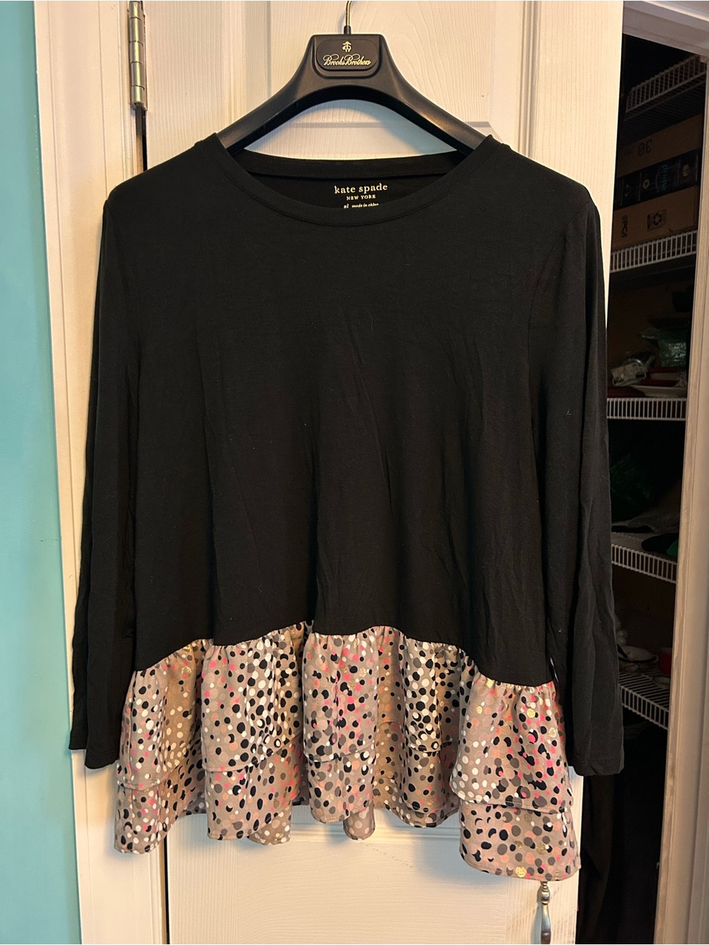 kate spade Black Long-Sleeve Tee with Polka Dot Ruffle Hem
